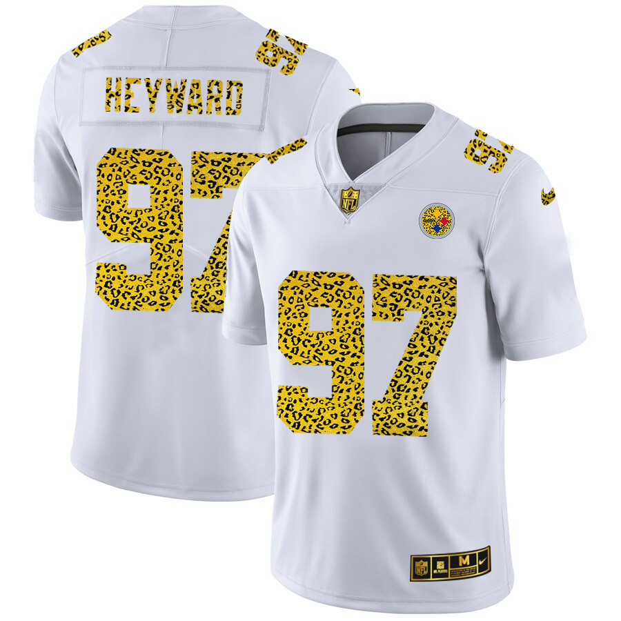 Custom Pittsburgh Steelers 97 Cameron Heyward Men Nike Flocked Leopard Print Vapor Limited NFL Jersey White